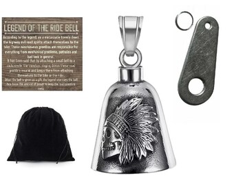 Indian Chief Skull THE RIDE BELL W Hanger Lucky Biker Charm Fits