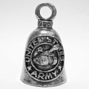 May include: A silver-colored bell charm with a loop at the top. The bell features the words "UNITED STATES ARMY" around a central emblem of a tank. The charm is designed with a vintage, worn appearance.
