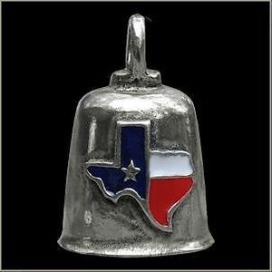May include: Silver bell with a blue, white, and red enamel Texas state outline.