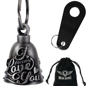 May include: A silver-colored motorcycle bell with the words "I fucking Love You" in a decorative font. Includes a black mounting bracket and a black drawstring bag with the Dream Apparel logo.