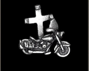 Motorcycle w/ Cross  BIKER PIN w/ locking back motorcycle vest leather jacket denim Jesus Christian