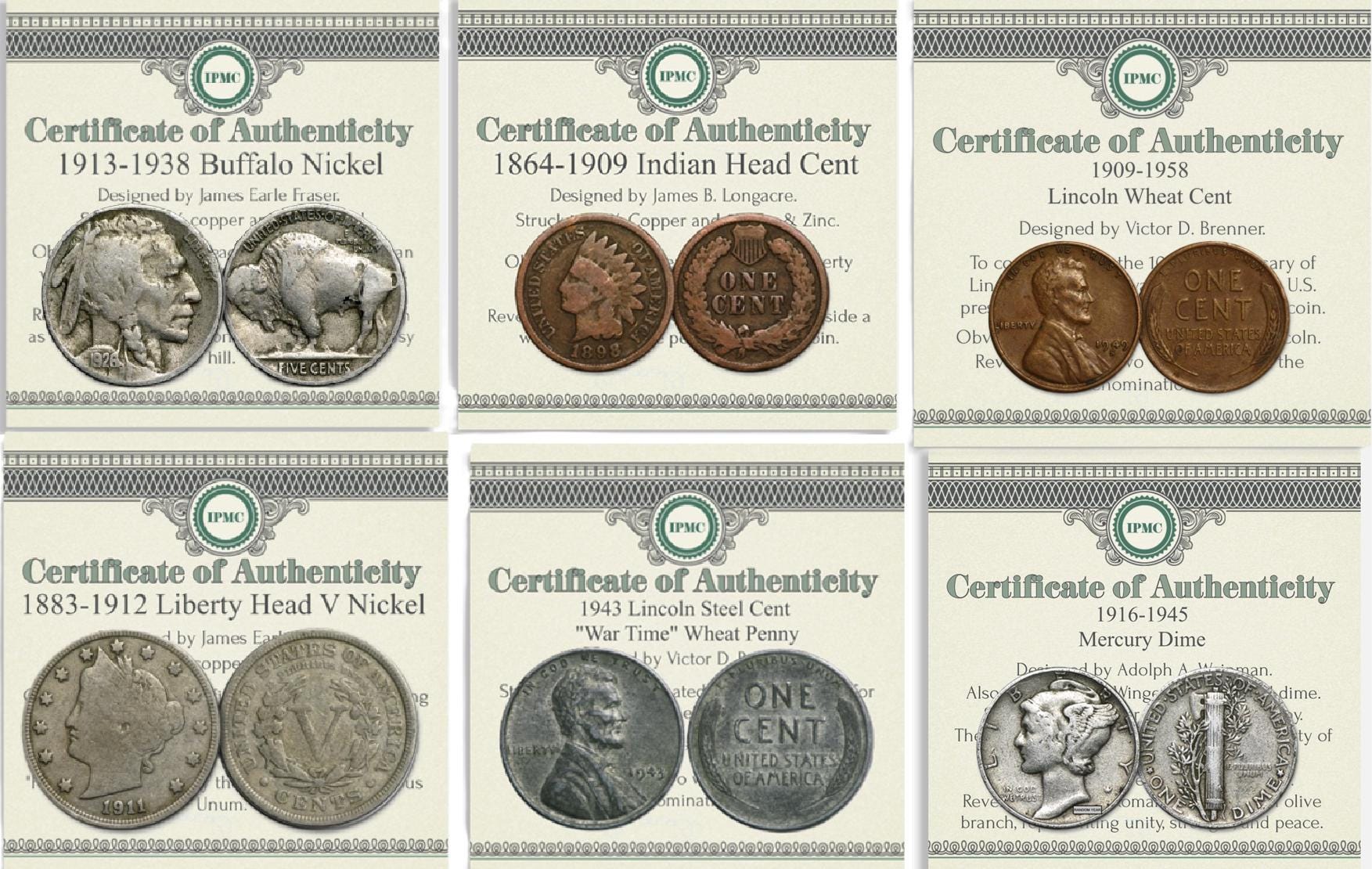 USA Collector Coin Set SIX > Coins > Mercury Dime V, Buffalo Nickel, Wheat, Steel, Indian Cent COA 90% Silver Copper P D S mint Penny