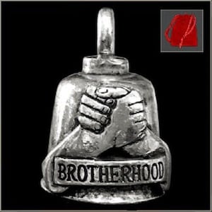 May include: Silver motorcycle bell with a design of two hands clasped together and the word "Brotherhood" inscribed on the bottom.