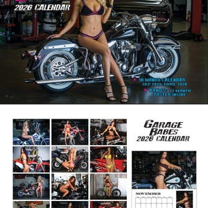 May include: 2026 calendar titled "Garage Babes" featuring a woman in lingerie posing on a motorcycle. The calendar includes a 16-month calendar from September 2025 to December 2026 and a bonus 12-month poster inside.