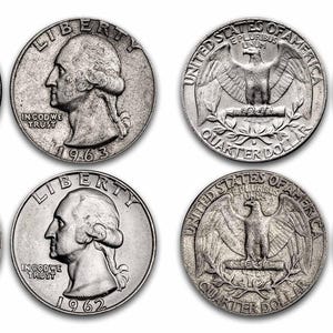 May include: Eight silver quarter coins. Four coins show a profile of George Washington, with the words "LIBERTY" and "IN GOD WE TRUST" visible. The other four coins feature an eagle with the words "UNITED STATES OF AMERICA" and "QUARTER DOLLAR".