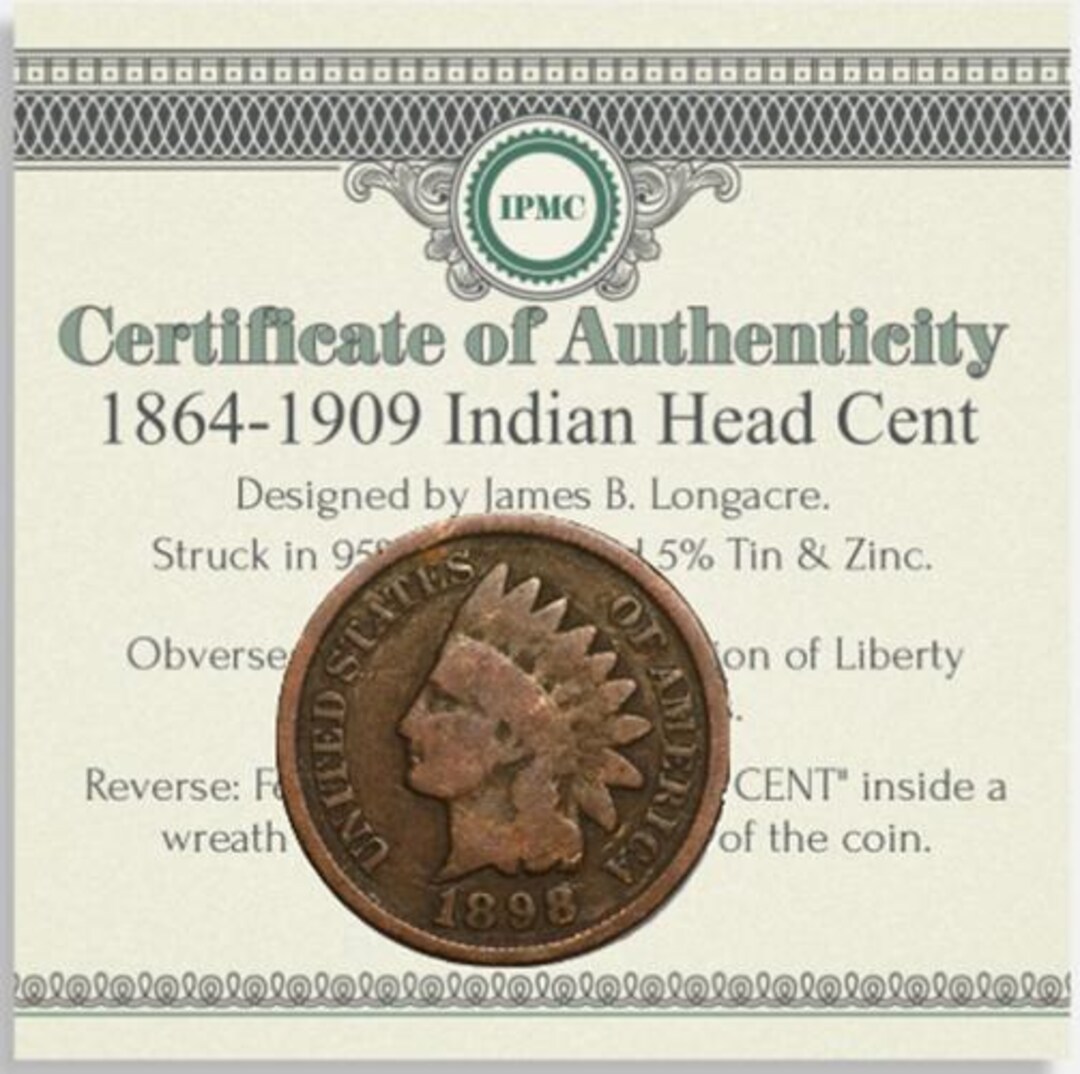 1864-1909 Indian Head Cent Penny W/ COA Rare Best Value Free
