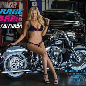 May include: A 2026 calendar titled "Flowmaster Garage Babes" featuring a woman in a black bikini seated on a black motorcycle. The calendar includes a 16-month calendar from September 2025 to 2026 and a bonus 12-month poster.