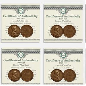 12 x 1909-1958 Lincoln Wheat Penny & COA USA Mint Copper Coins VDB 1c Philadelphia Denver San Francisco