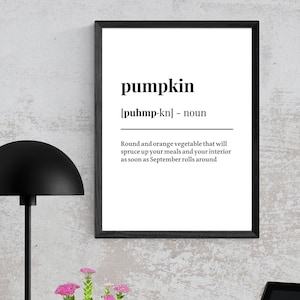 Pumpkin Définition Citrouille Autumne Noir et Blanc Cozy Texte Affiche Poster Impression Art Mural Imprimable