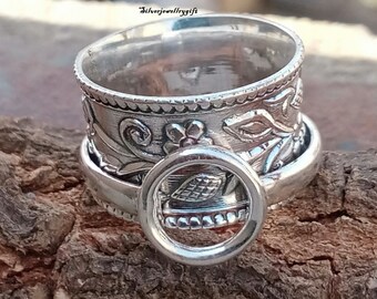 Zilveren Spinner Ring, 925 Sterling Zilver, Handgemaakte Ring, Statement Ring, Meditatie Ring, Angst Zilveren Ring, Fidget Ring, Promise Ring ***