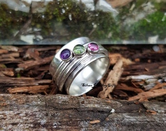 Two Stone Spinner Ring,Amethyst Peridot Gemstone Spinner Ring,Gemstone Ring,Handmade Ring,925 Sterling Silver Spinner Ring,Gifts