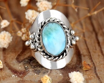 Larimar Ring, 925 Sterling Silver Band Ring, Handgemaakt, Verklaring, Meditatie Ring, Cadeau voor haar, vrouwen, Angst Band Ring, Fidget, Edelsteen