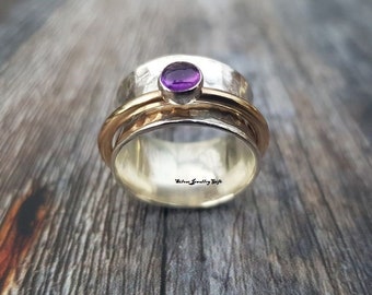 Amethyst Ring,925 Sterling Silver Spinner Ring,Handmade,Statement,Meditation Ring,Gift For Her,Women Ring, Fidget Ring,Anxiet Ring,Beautiful