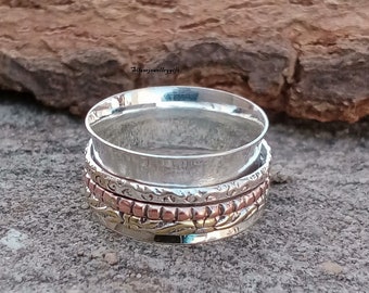 925 Sterling zilveren spinner ring, koperen spinner ring, handgemaakt, statement ring, meditatie, cadeau voor haar, angst spinner ring, fidget, vrouwen ring