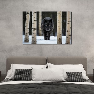 Majestic Black Wolf Canvas Art - Fiery Eyes Emerging from Snowy Forest - Stunning Wall Decor