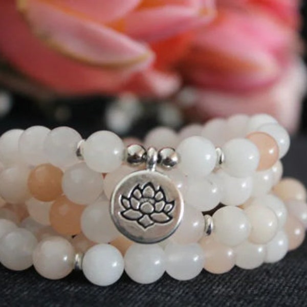 Bracelet Mala 108 beads aventurine 8 mm for relaxation lotus flower