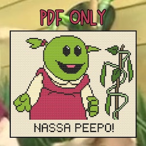 May include: Cross stitch pattern featuring a green character with a pink dress and the text "NASSA PEEPO!"