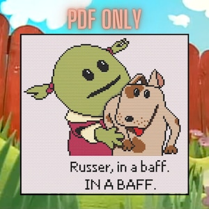 May include: A green alien-like character with a pink shirt is holding a brown dog. The text below reads "Russer, in a baff. IN A BAFF."