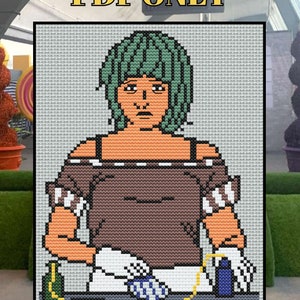 May include: A pixel art style cross-stitch pattern of a woman with green hair wearing a brown and white striped shirt. The woman is holding a blue bottle and a yellow bottle. The text "PDF ONLY" is displayed above the image.