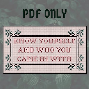 Puede incluir: Patrón de punto de cruz con un marco blanco y negro con detalles florales verdes. El texto dentro del marco dice "Know yourself and who you came in with".