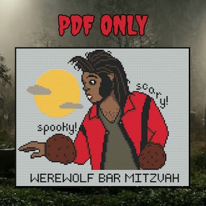 Puede incluir: Una ilustración pixelada de un hombre lobo con una chaqueta roja sosteniendo dos objetos marrones. El texto "spooky!" y "scary!" está escrito en la imagen. El texto "WEREWOLF BAR MITZVAH" está escrito en la parte inferior de la imagen.