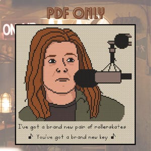 May include: Cross-stitch pattern featuring a portrait of a person with long brown hair and a microphone. The text "I've got a brand new pair of rollerskates, You've got a brand new key" is below the image. The words "PDF ONLY" are at the top.