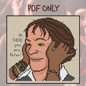 May include: Cross-stitch portrait of a man with brown hair, holding his face with his hands. The text "Oh THERE you are Peter!" is stitched on the left side. The words "PDF ONLY" are at the top.