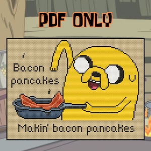 Puede incluir: Un perro amarillo de dibujos animados con una expresión feliz está cocinando panqueques de tocino en una sartén. El texto "Makin' bacon pancakes" está debajo del perro.