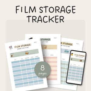 May include: A set of film storage tracker pages with the text "FILM STORAGE TRACKER". The pages have sections for film details and a digital phone mockup. The image shows 8 pages.