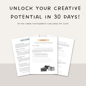 Op de afbeelding: Een 30-daagse urban fotografie challenge-gids met een welkomstpagina, een pagina voor week 1 en een lege pagina. De gids bevat instructies over het gebruik van de gids, dagelijkse opdrachten en hoe je je voortgang kunt bijhouden. De pagina voor week 1 richt zich op de basisprincipes van compositie en observatie, met name het gebruik van driehoeken in fotografie.
