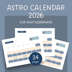 Puede incluir: Calendario Astro 2026 para fotógrafos. El calendario presenta una combinación de colores azul y beige con los meses de febrero y marzo visibles. El calendario tiene 24 páginas.