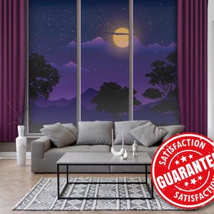 May include: A living room scene featuring a gray sofa, a modern coffee table, and a patterned rug. The focal point is a large window with a night sky illustration, a full moon, and silhouettes of trees. Purple curtains frame the window.