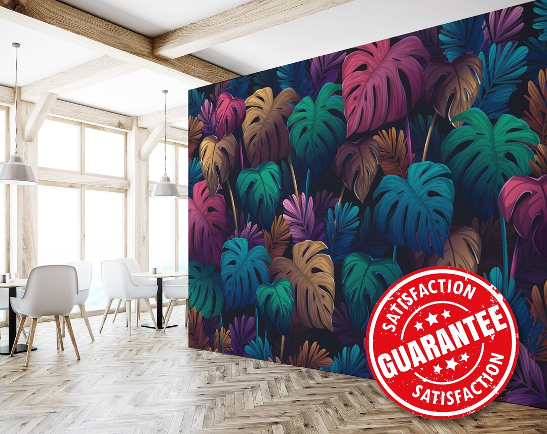 Monstera Leaf Mural – Colorful Tropical Plant Peel & Stick Wallpaper - Etsy