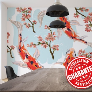 Papier peint mural poissons koi japonais / décoration murale florale aquatique / décoration murale fleurs de cerisier jardin d'eau - amovible avec pellicule de protection ou non-encollage
