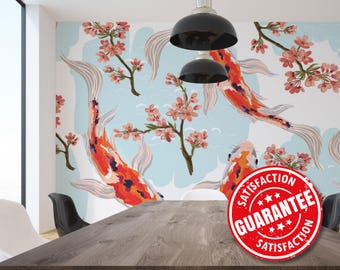 Muurschildering koivissen – Muurkunst aquatische kersenbloesem (met plakken of plakken)