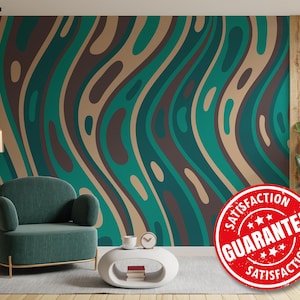 Retro removable vinyl mural / Abstract Liquid pattern wallpaper / Wavy Fluid mural print - Peel & Stick or Non-Pasted