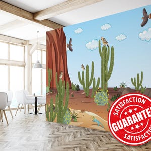 Carta da parati murale con scena del deserto occidentale, grande murale da cowboy - rimovibile, stacca e attacca o non incolla / stampa murale con carta da parati del deserto di cactus