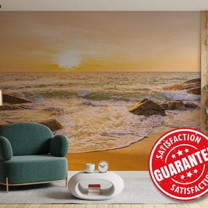 Beach Sunset Mural Wallpaper, Golden Coastal Large Wall Mural Print - Removable Peel & Stick or Non-pasted