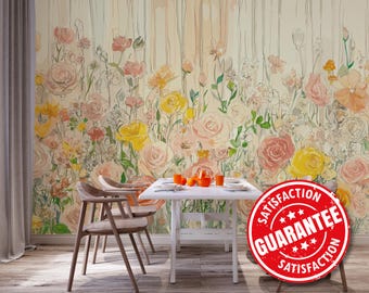 Watercolor Roses Wallpaper Mural – Pastel Floral Meadow, Peel & Stick