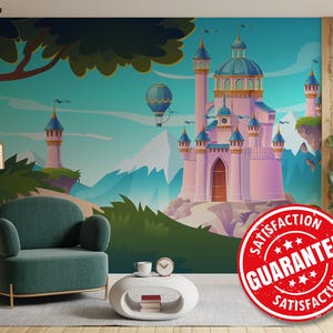 Castle Fairytale Mural Wallpaper, Princess Castle Large Wall Mural Print / Fantasy Pink Castle Removable Peel & Stick or Non-pasted