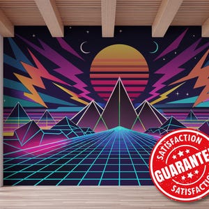 May include: A retro-style digital art print featuring a neon grid landscape with pyramids, a sunset, and lightning bolts. The print has a dark blue background with bright pink, yellow, and blue accents. The print has a red and white "Satisfaction Guarantee" stamp.