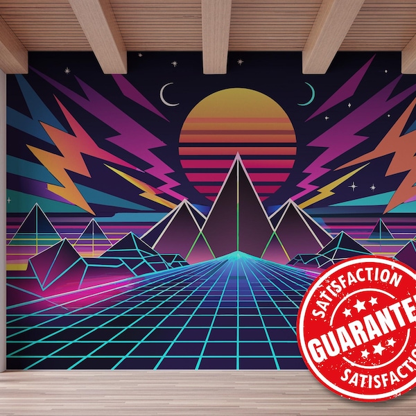 Retrowave Sunset Mural – Neon Synthwave Peel and Stick Wallpaper