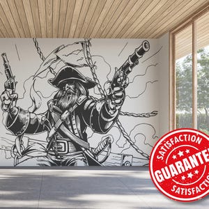 Carta da parati murale rimovibile in vinile con silhouette di pirati / Carta da parati murale con silhouette staccabile e adesiva - Staccabile e adesiva o non incollabile / Stampa murale con silhouette di pirati