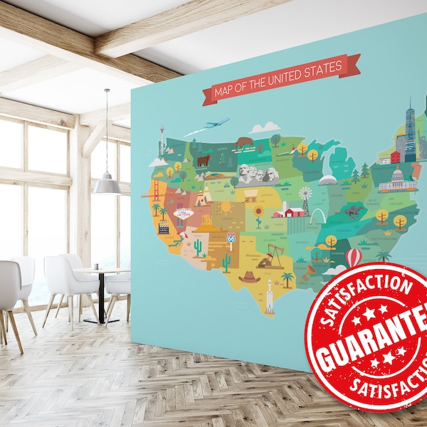 US / Map Wall Mural, Peel and Stick Removable Vinyl Wallpaper