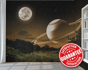 Saturn Dreamscape removable vinyl mural / Fantasy Planet wallpaper mural – Peel & Stick or Non-pasted / Celestial Landscape mural print