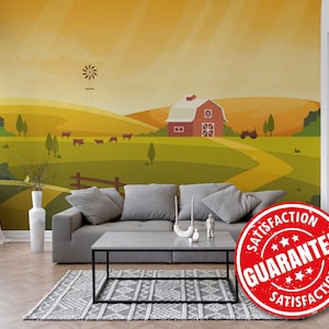 Countryside Farm Mural Wallpaper, Large Wall Mural - Removable Peel & Stick or Non-pasted / Rustic Farmhouse wallpaper mural print