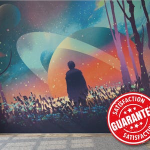 Carta da parati murale rimovibile Cielo notturno cosmico / Carta da parati murale Foresta e pianeti - Stacca e attacca o non incolla / Stampa murale Cielo celeste surreale