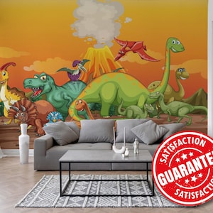 Cartoon Dinosaur Mural Wallpaper, Prehistoric Dino Large Wall Mural Print - Removable Peel & Stick or Non-pasted