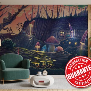 Carta da parati murale con foresta fatata di funghi, stampa murale di grandi dimensioni con funghi magici - rimovibile, staccabile e attaccabile o non incollato