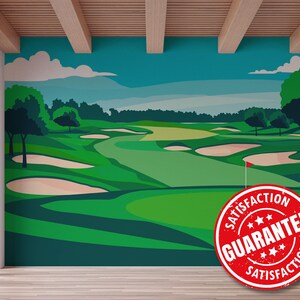 Décoration murale paysage moderne de terrain de golf, art mural vert de sport de fairway (peel & stick ou non-collé)